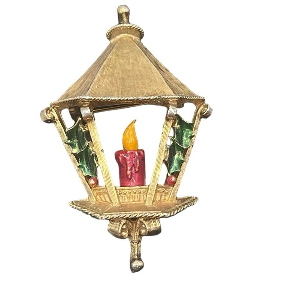 Gerry's‎ Vintage Holiday Christmas Lantern Gold Tone Lit Candle Bow Brooch
